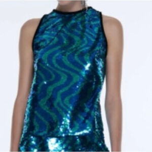 ZARA Blue Mermaid Sleeveless Sequins Top Medium BNWT